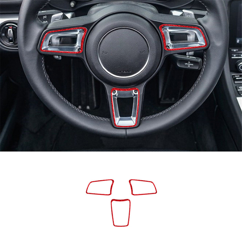 3X Red Carbon Fiber Interior Steering Wheel Cover Trim for Porsche 718 2016-2022