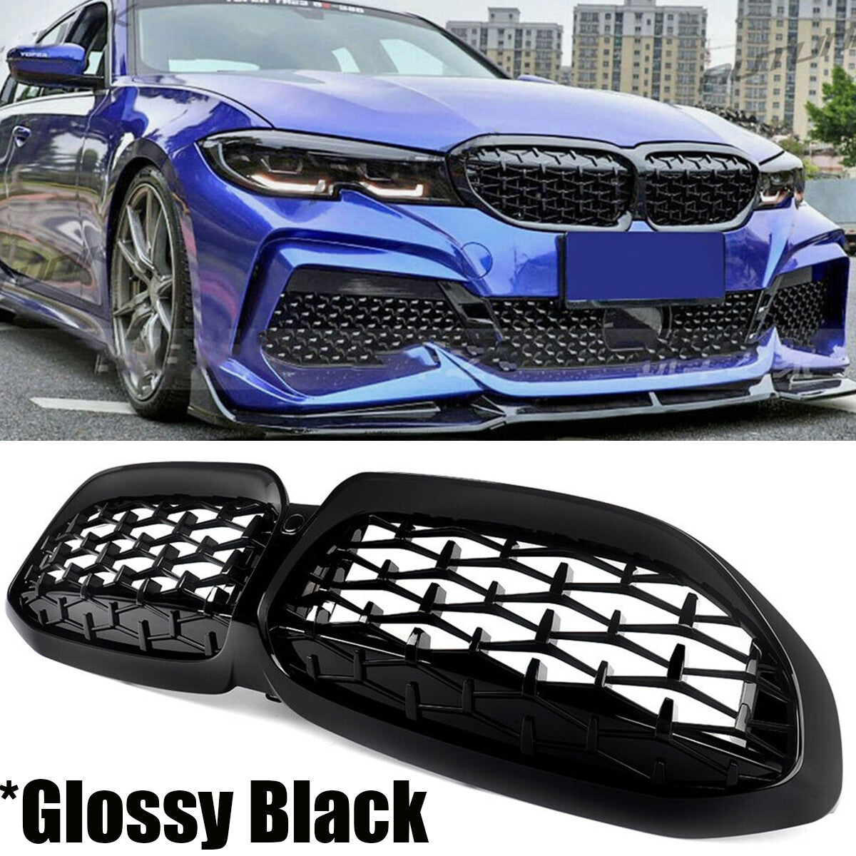 Diamond Front Kidney Grill Grille for BMW G20 330i M340i 2019-2022 Gloss Black