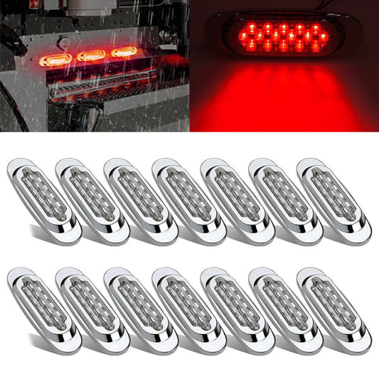 14pcs 6-1/2 Red 16-LED Side Marker Lights Turn Signal Lights Chrome Trailer 12V