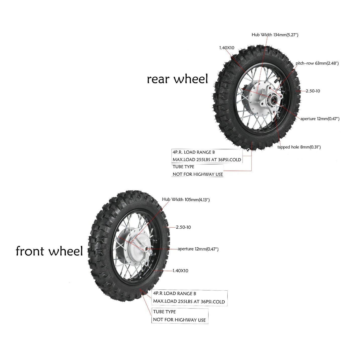 Front and rear wheel 2.50-10 tire rim drum brakes suitable for SSR 70 for Honda CRF50 for Yamaha TTR50