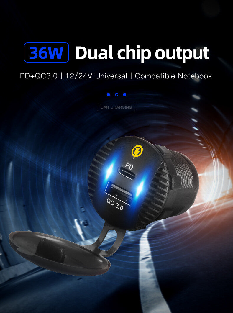 12-24V Dual USB PD QC3.0 Car Charger Socket LED Power Outlet Kit Waterproof