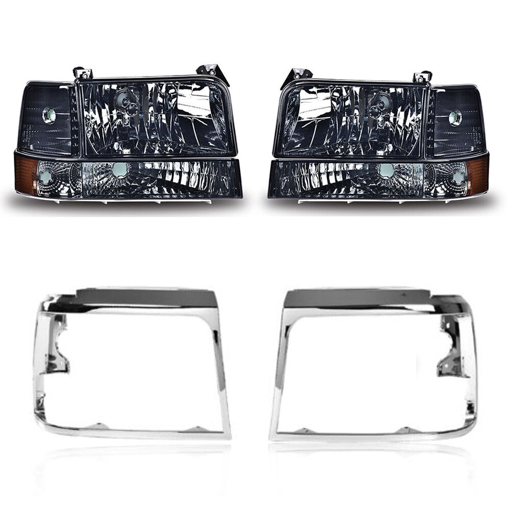 Suitable for 1992-1996 F150/F250/F350 models. Smoked headlights + chrome headlights and door panels.