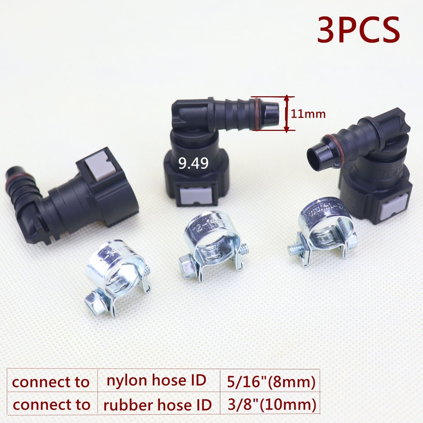 3-pack 90 Deg elbow SAE 9.49 fuel line quick release connector nylon hose ID 5/16