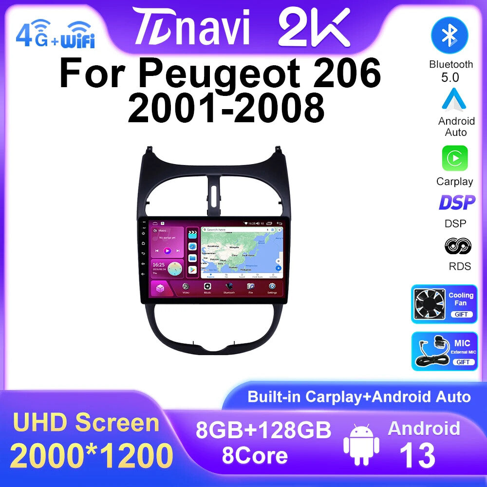 for PEUGEOT 206 2001-2008 Android CarPlay Car Radio Multimedia Player GPS Screen