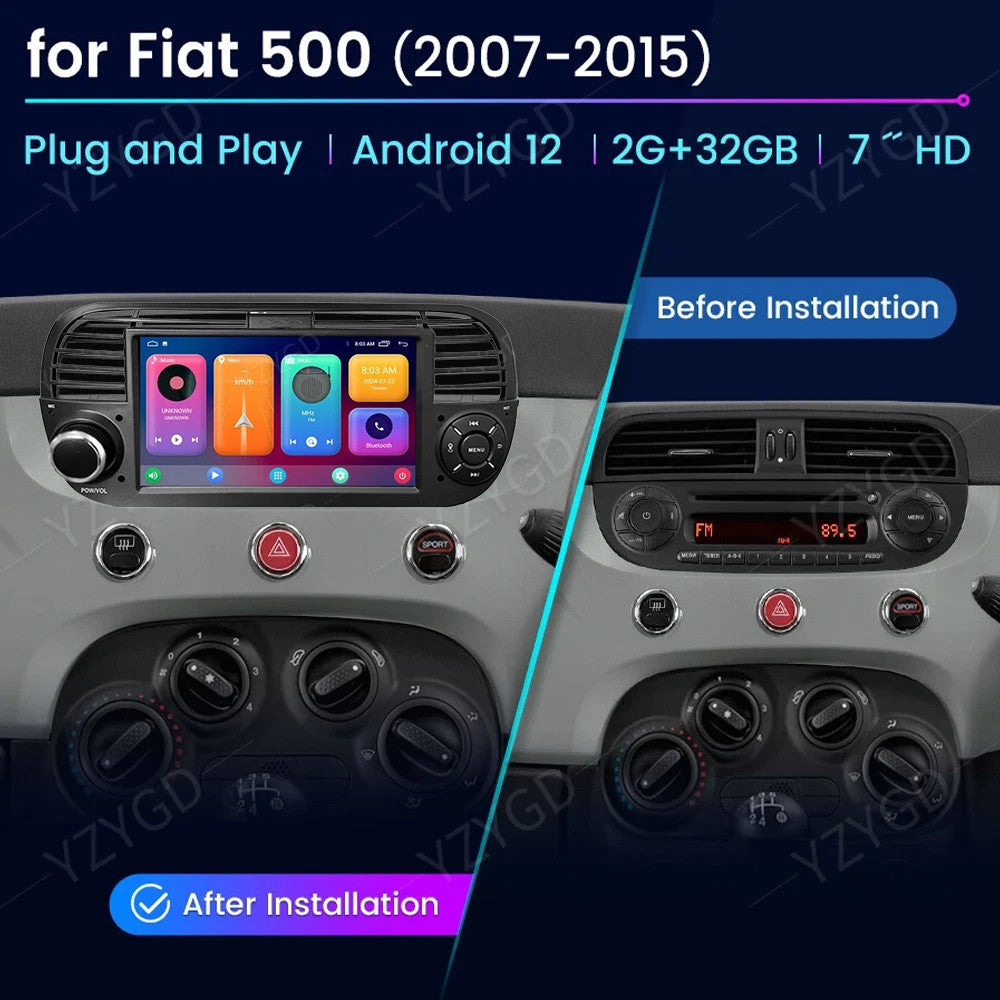 for Fiat 500 2007-2015 2+32G Apple Carplay Android Car Stereo Radio Head Unit BT