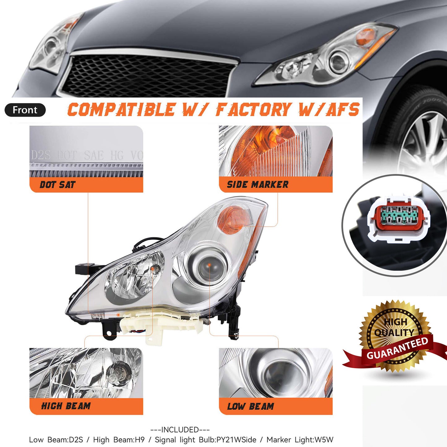 Applicable to 2008-2012 for Infiniti EX35 14-17 QX50 Headlight Driver Side with AFS HID Projector