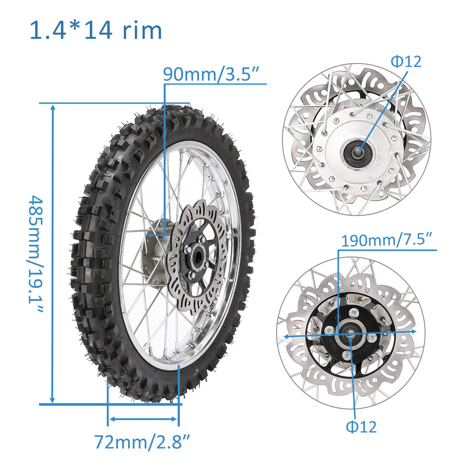 14 Front Wheel 60/100-14 Tyre Rim Brake Assembly Dirt Pit Bike 110cc 125cc KX65