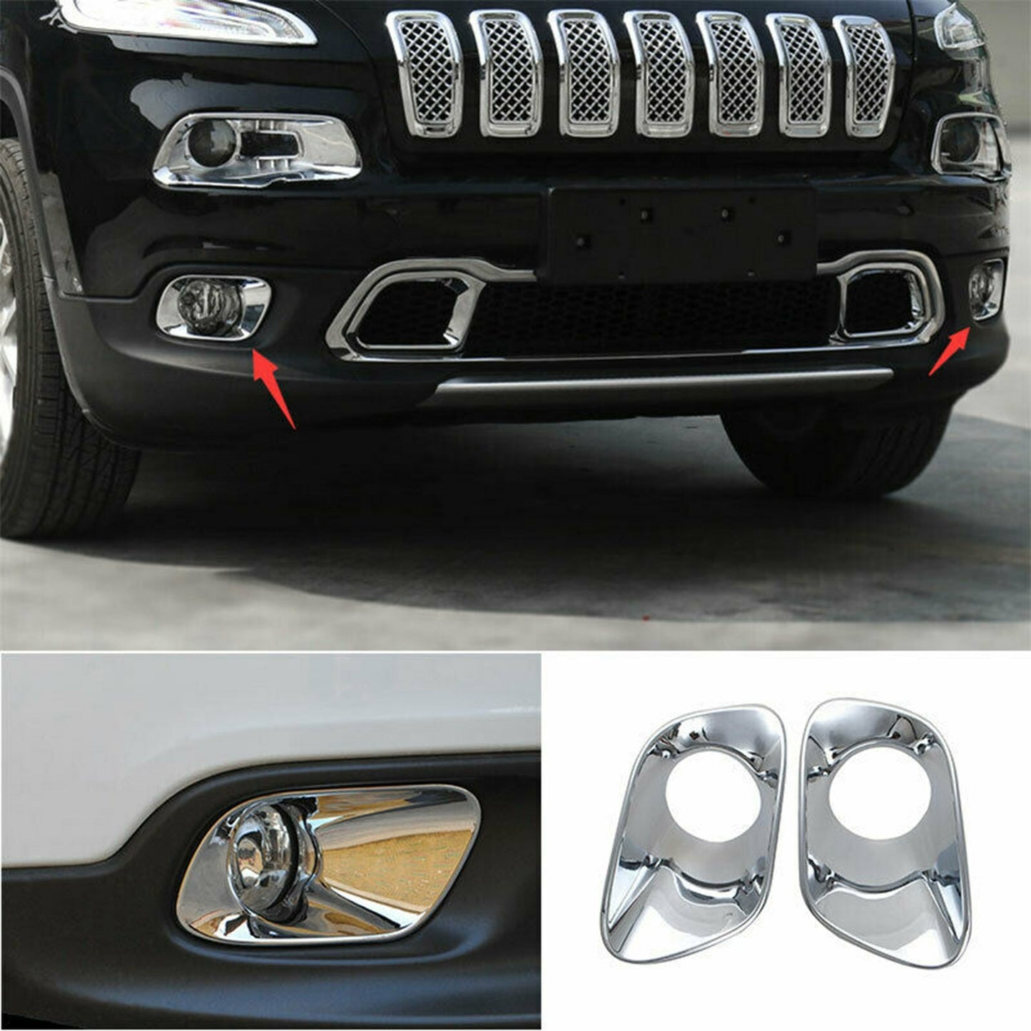 Pair Front Fog Lamp Light Cover Trim fit for Jeep Cherokee 2014 2015-2018 Chrome AT