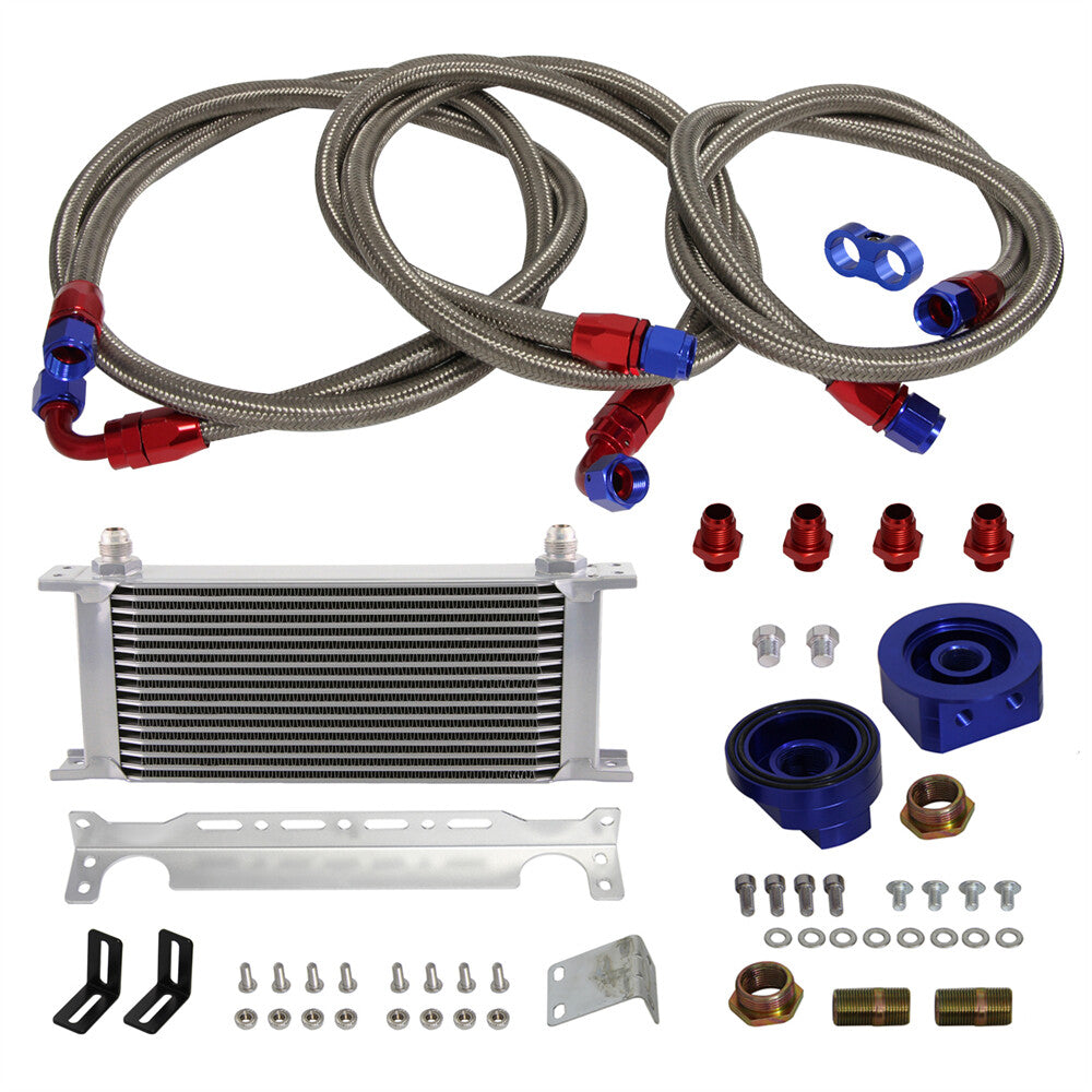 16 Row AN8 Engine Oil Cooler +Relocation Filter Adapter Hose Kit w/Bracket BL