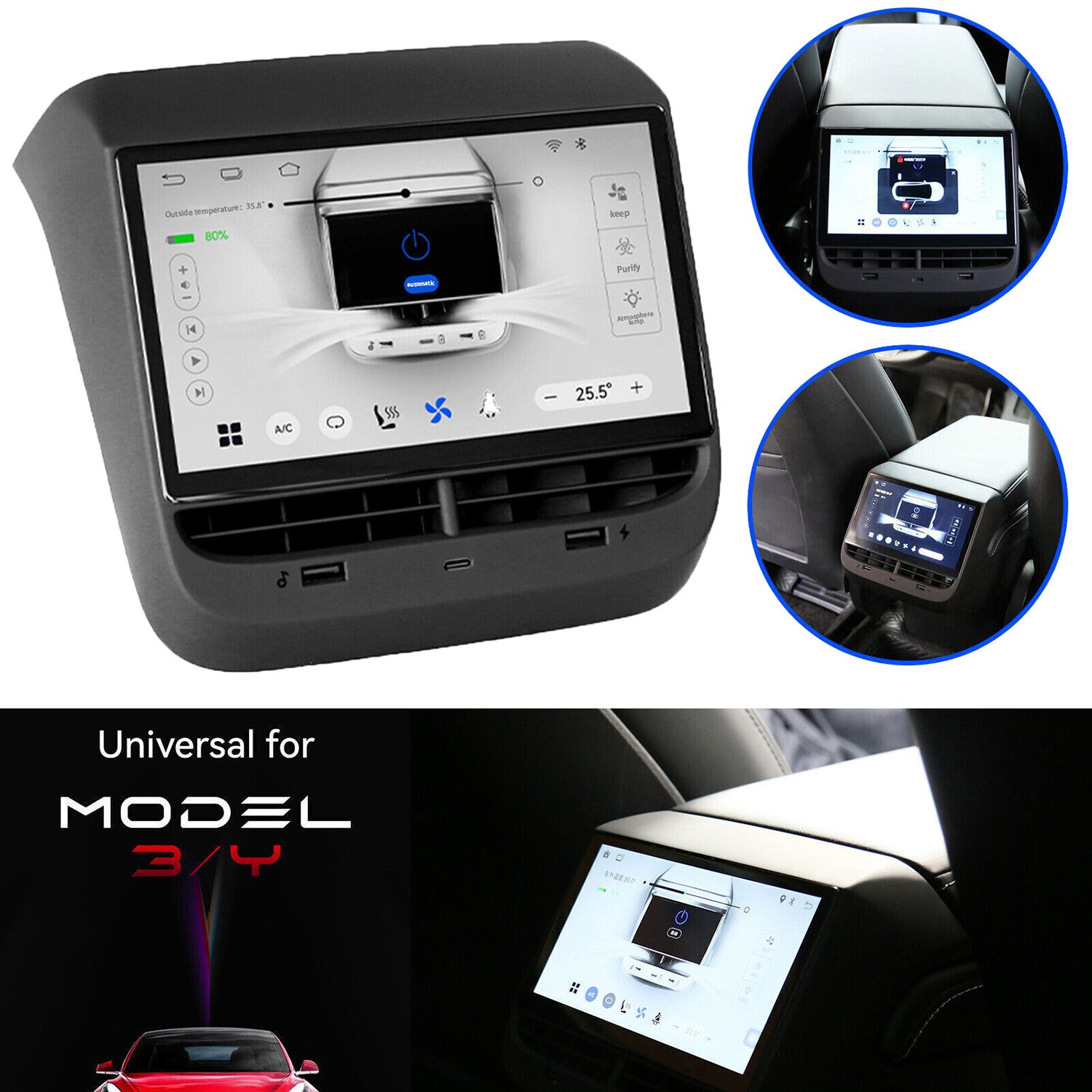 Rear for Seat LCD 7-Inch Touch Screen Entertainment System for Tesla Model 3/Y 20~23