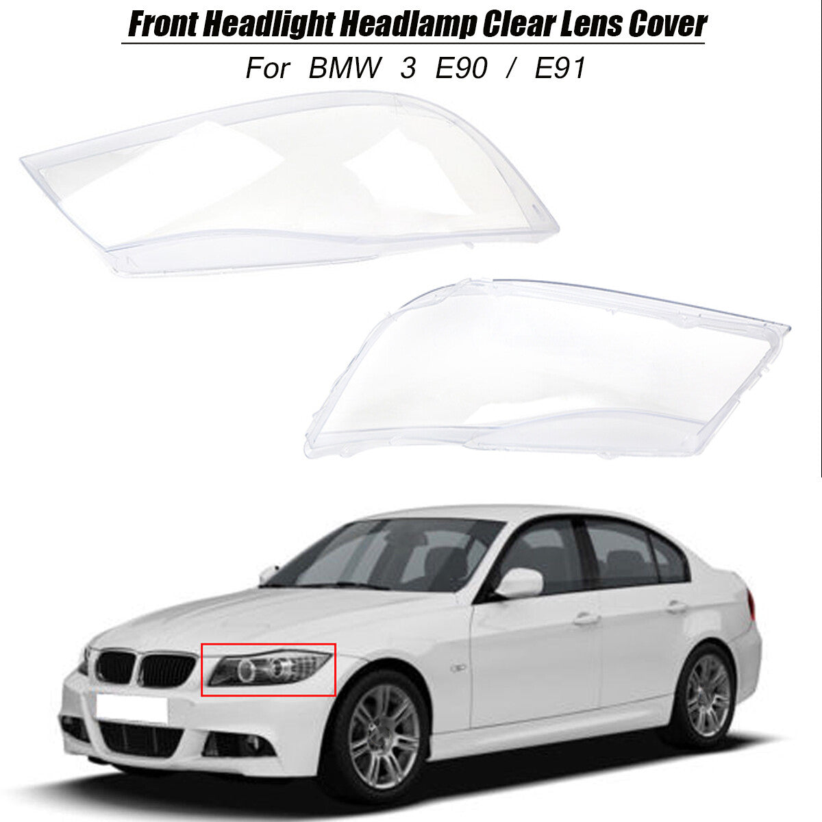 A pair of transparent headlight lens covers and transparent xenon lenses suitable for BMW 3 Series E90/E91 2005-2012