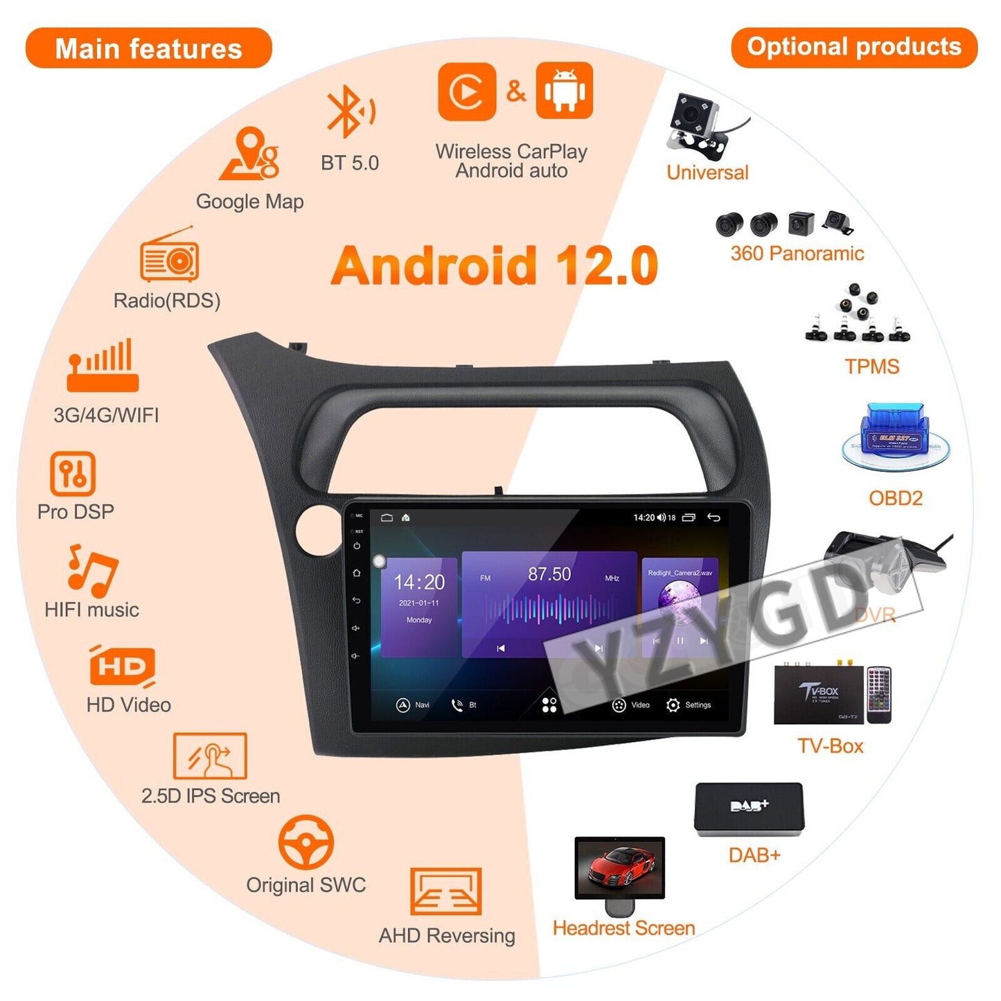 Android 2Din Car Radio CarPlay for Honda for Civic 2006-2011 Stereo Receiver Screen