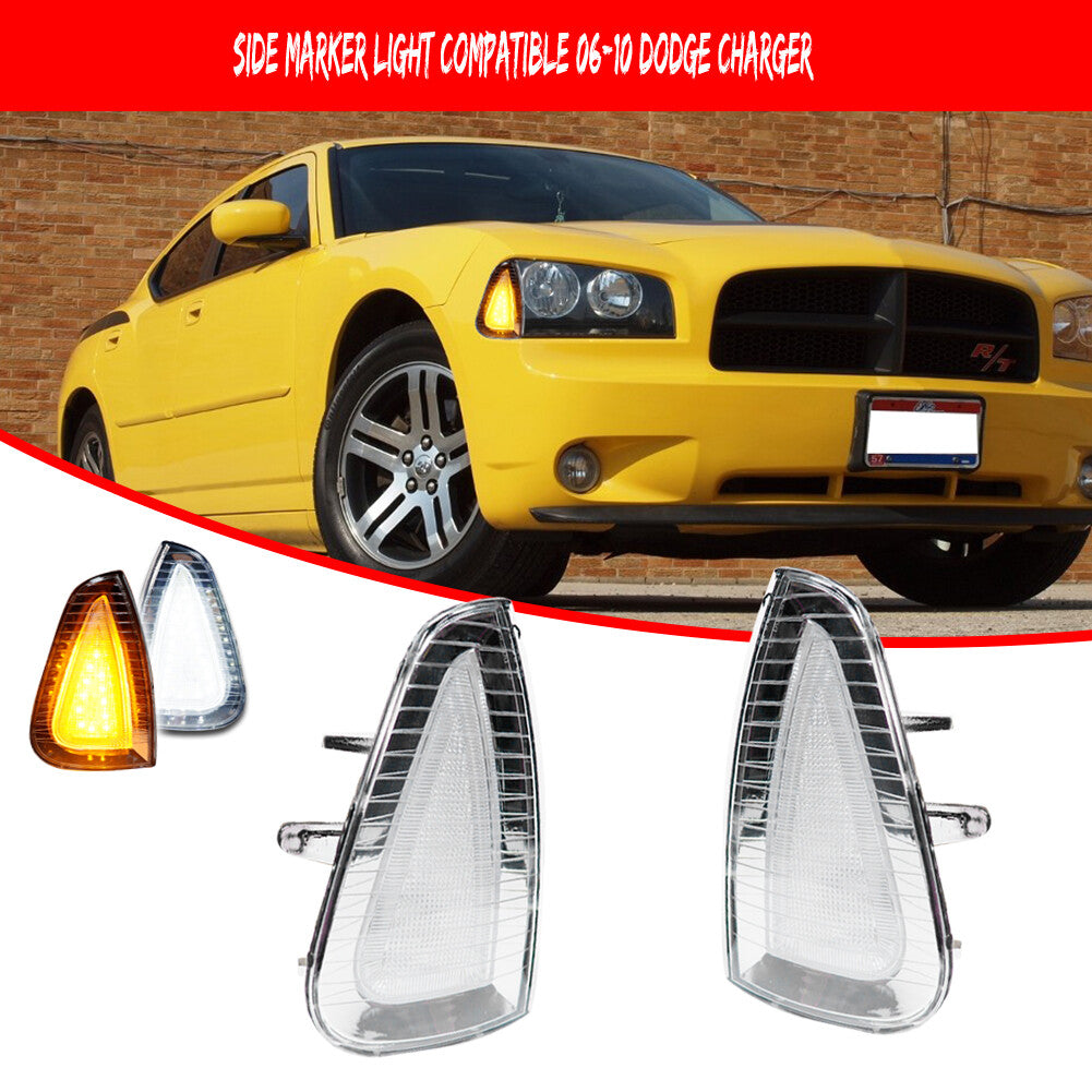 2-Piece Transparent LED Side Marker Signal Lights, Amber with White Stripe, Suitable for Dodge Chargers 2006-2010