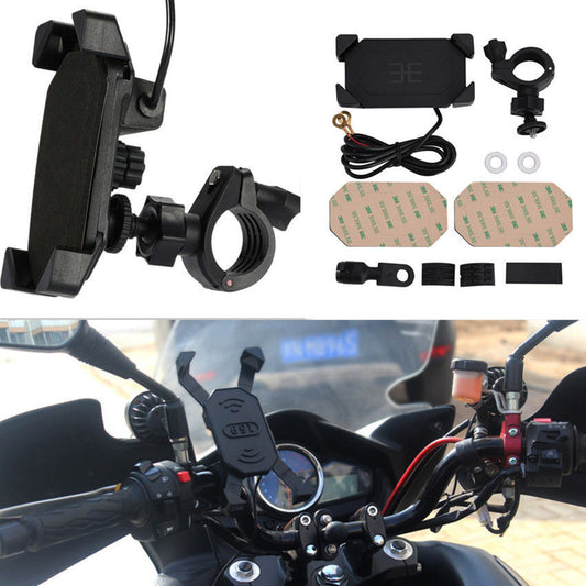Motorcycle Handlebar Telescopic Clamp Phone Holder Mount 2.1A USB Charging Por