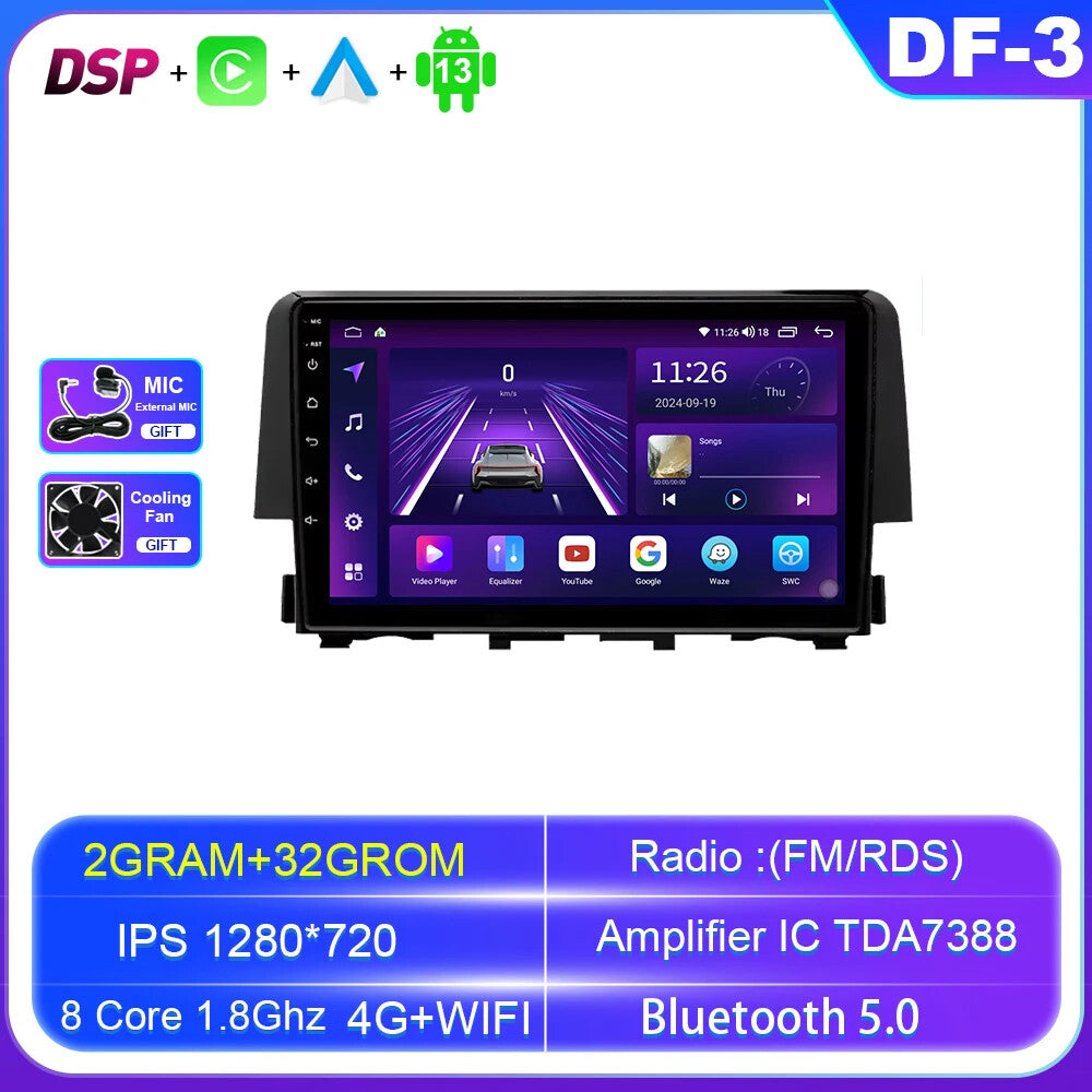 for Honda for Civic 10th 2016-2018 Stereo Android Auto CarPlay Car Radio GPS Screen