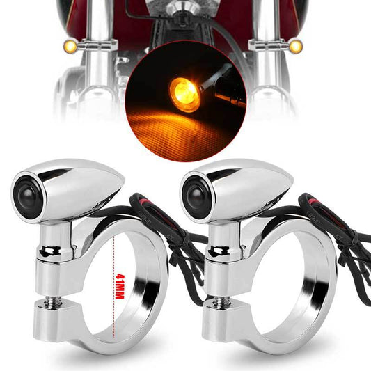 2x Chrome Motorcycle LED Turn Signal Light 41mm Front Fork Indicator Amber Lamp