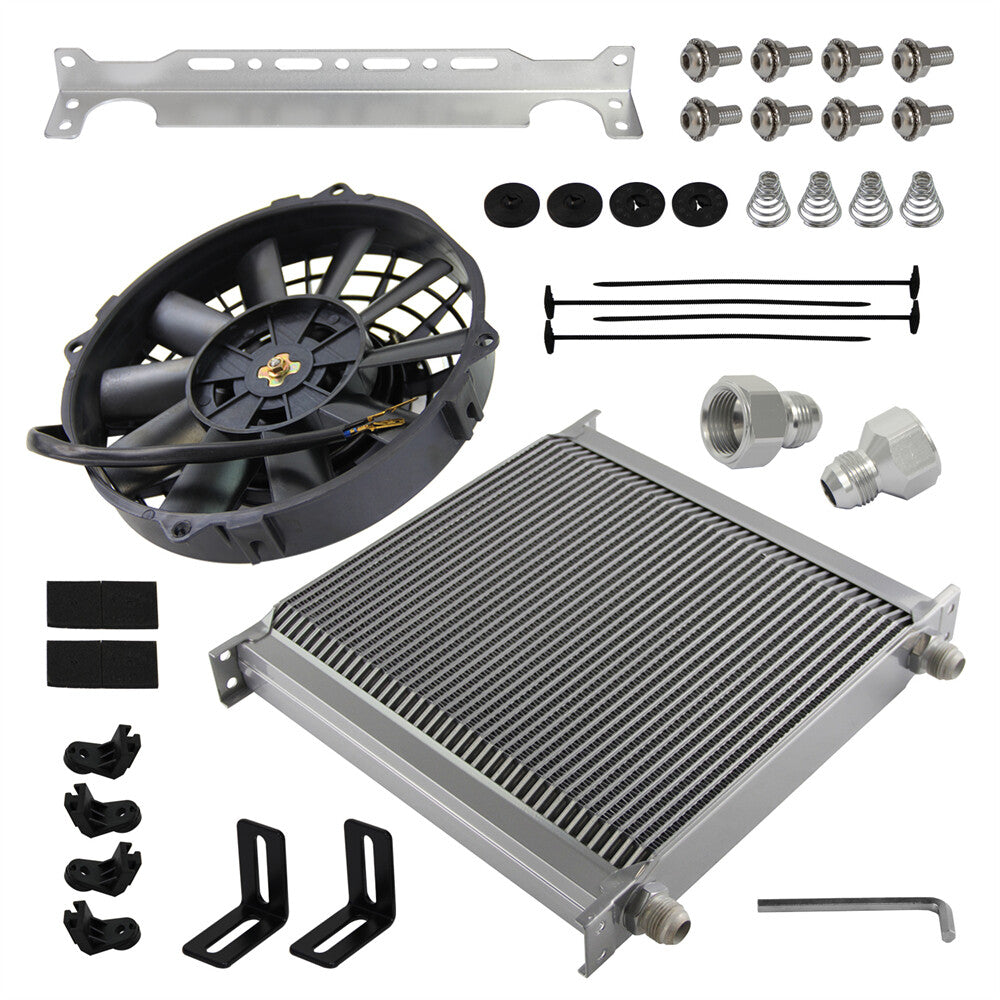 Universal 40 Row AN10 Engine Oil Cooler w/AN10 To AN8 Fittings + 7 Fan Silver