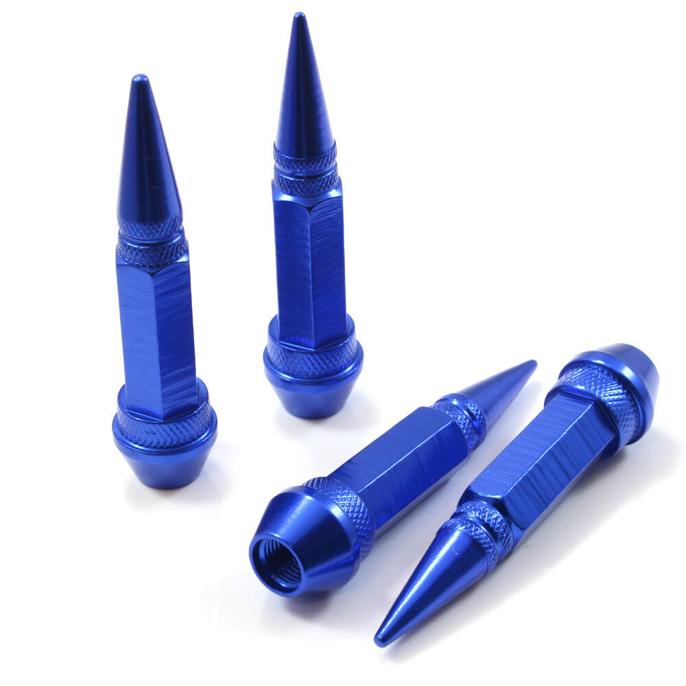 4 Blue Aluminum Metal Long Spike Wheel/Tire Valve Stem Car-Truck Air Caps Covers