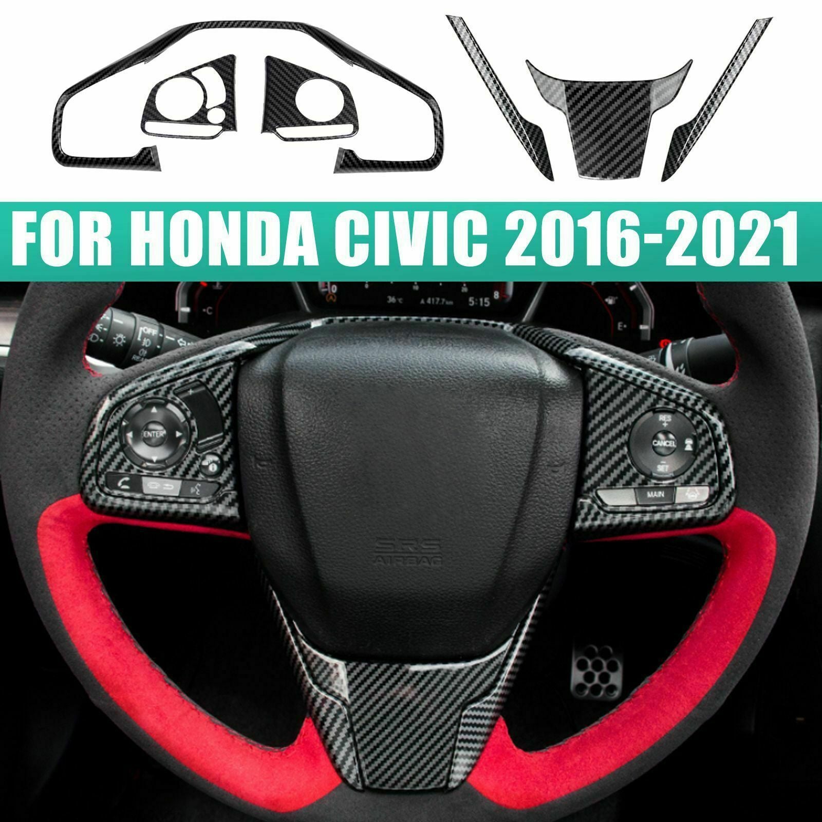 Carbon Fiber Interior Steering Wheel Frame Cover Trim fit for Honda for Civic 16-21 AT