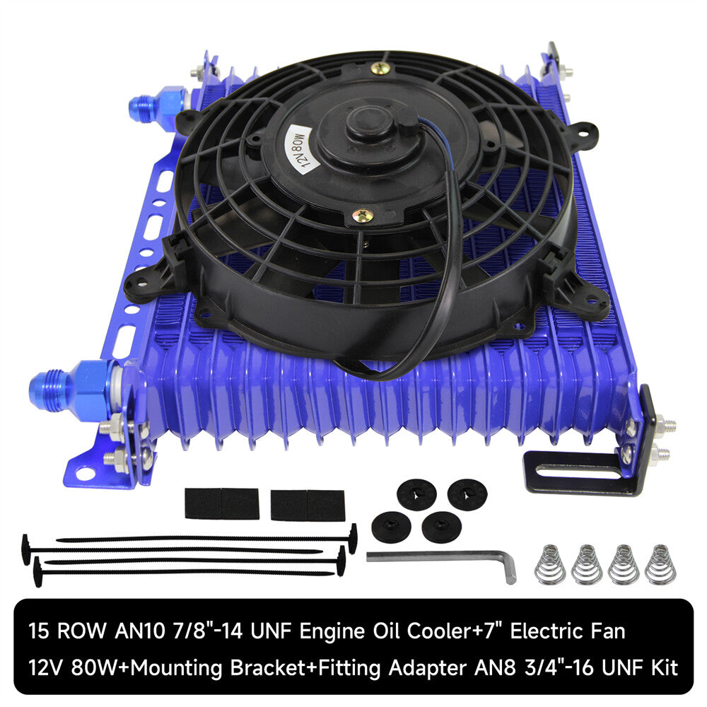 Universal 15 Row AN10 Engine Oil Cooler w/AN10 To AN8 Fittings + 7 Fan Blue