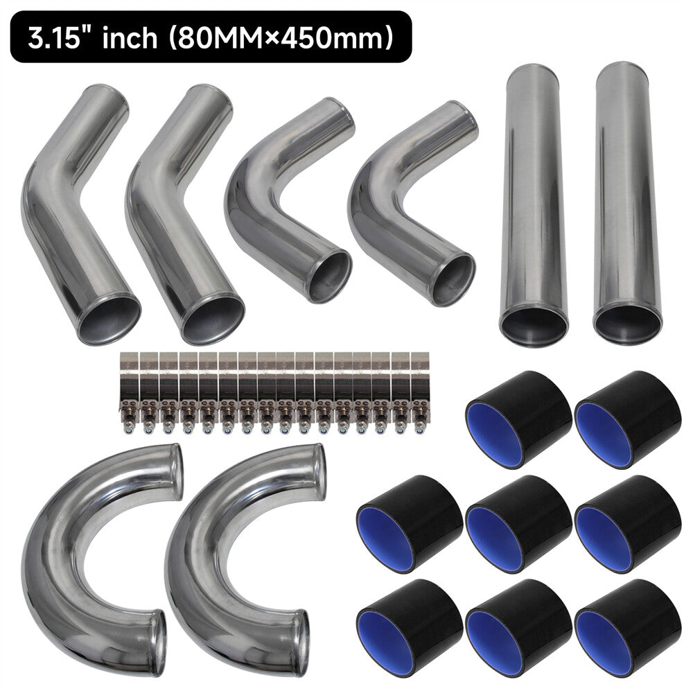 3.15 80mm Aluminum Universal Intercooler Turbo Piping pipe Kit +Black hose kits