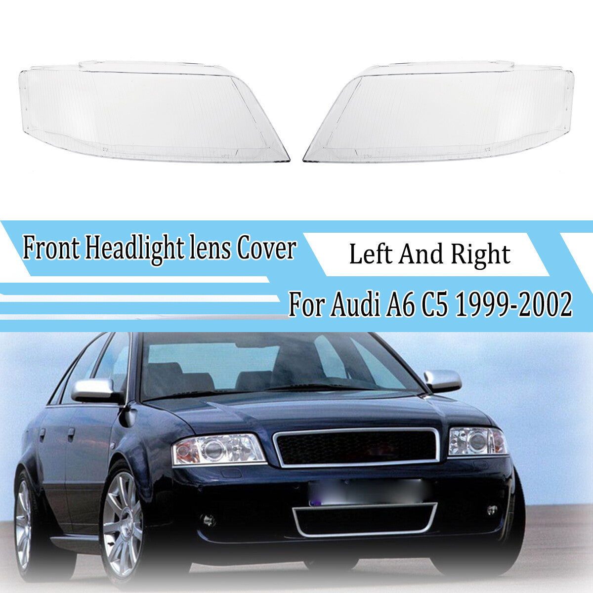 Transparent headlight cover for left and right lenses, suitable for Audi A6 C5 1999-2002