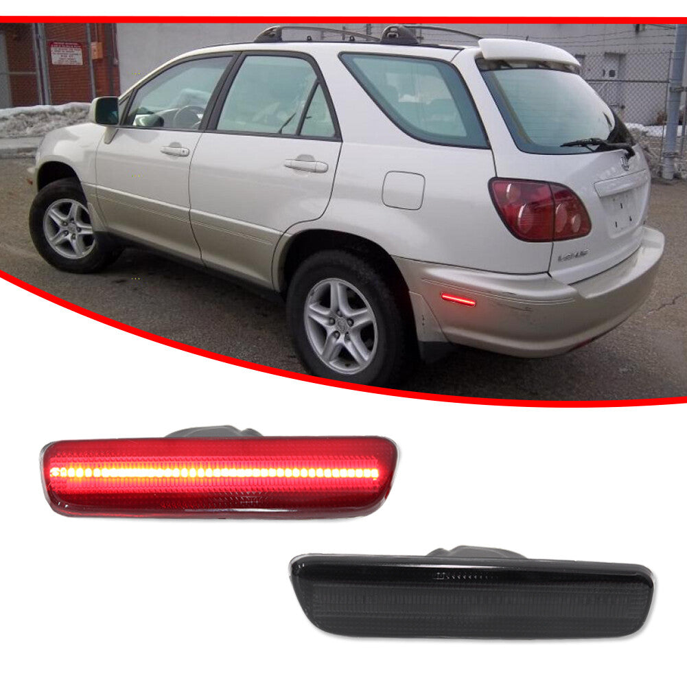 Two-pack of 1999-2003 for Lexus RX300 smoked lenses with red LED side marker lights.