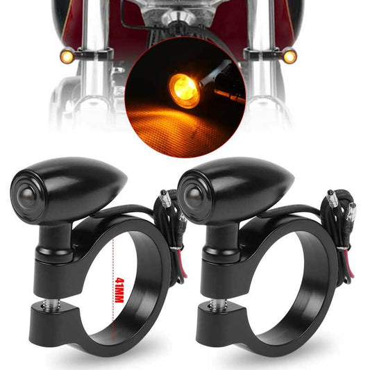 2X Black Bullet Motorcycle 41mm Front Fork LED Turn Signal Blinker Amber Light