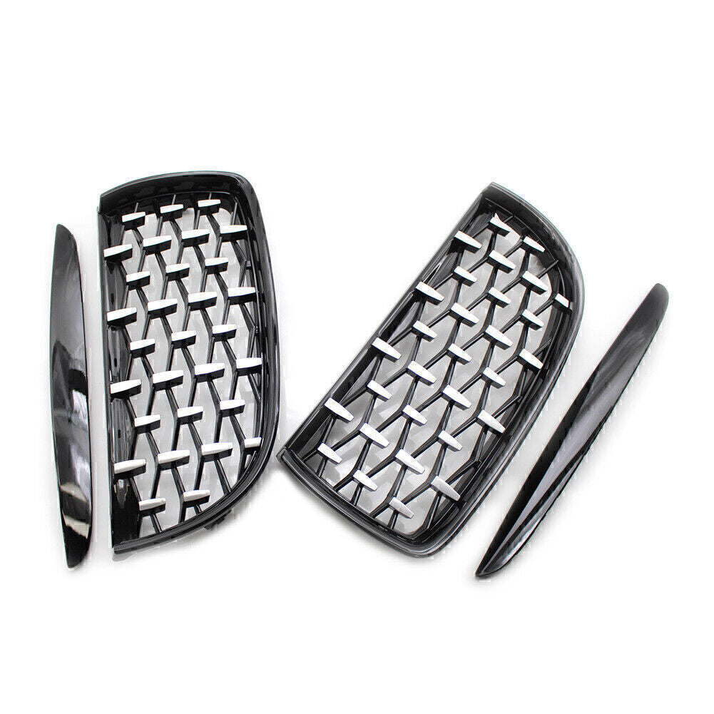for BMW E90 2005-08 2x Front Black Frame Chrome Grille Diamond Meteor Style