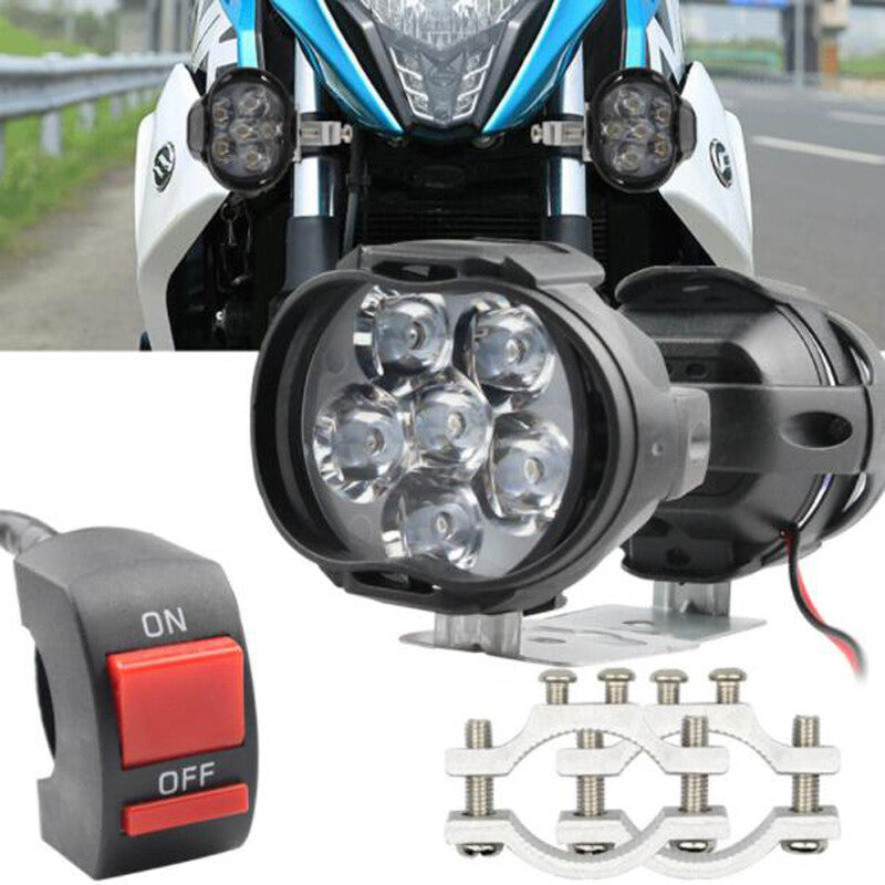 2-Pack 6-LED Motorcycle Auxiliary Headlights, White Spotlights, with Switch and Bracket