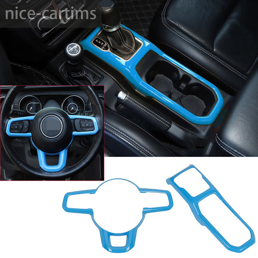 for Jeep for Wrangler JL JT 18+Light Blue Cup Holder Gear Shift Steering Wheel Trim