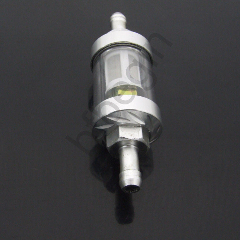 Chrome 5/16 inch 8 mm straight exhaust gas fuel filter, universal, reusable, washable for motorcycles.