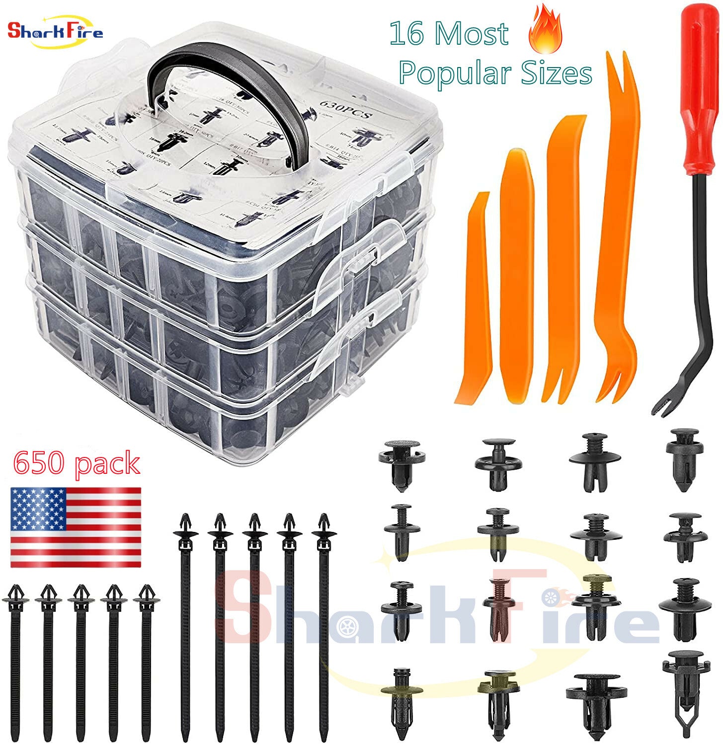 650-piece pack of automotive push-type fixing clips, plastic rivet and screw clips suitable for Toyota , GM, and for Chrysler .