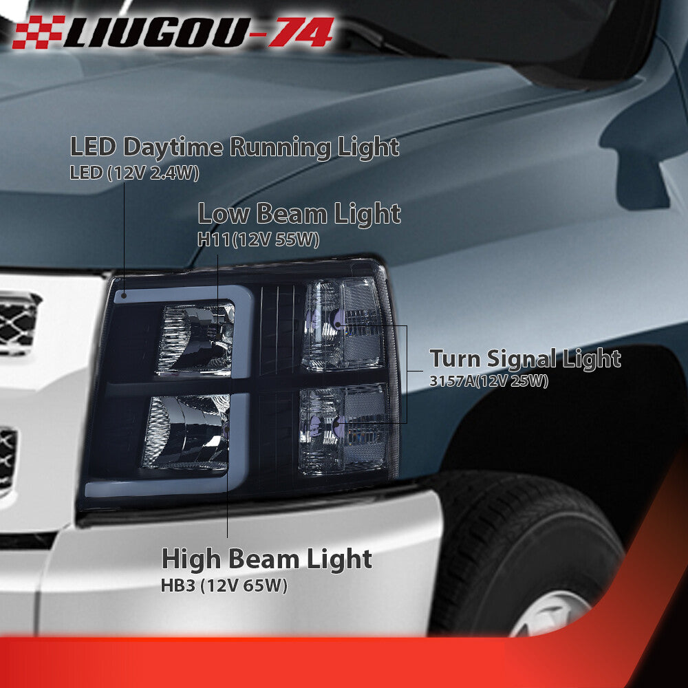 Suitable for 2007-2013 for Chevrolet Silverado 1500 2500 LED DRLs with smoke/black headlights.
