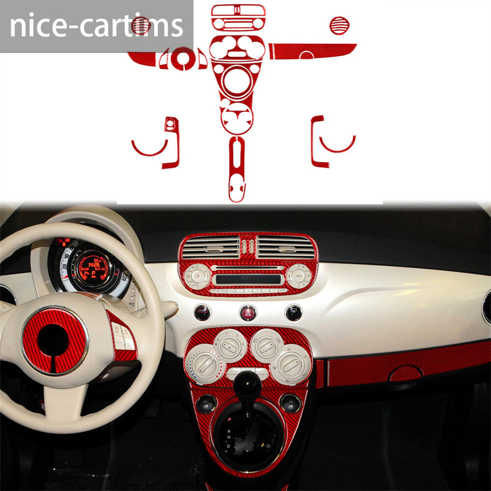 Kit for Fiat 500 2012-15Red Carbon Fiber Interior Full Set Decorative Trim 26Pcs