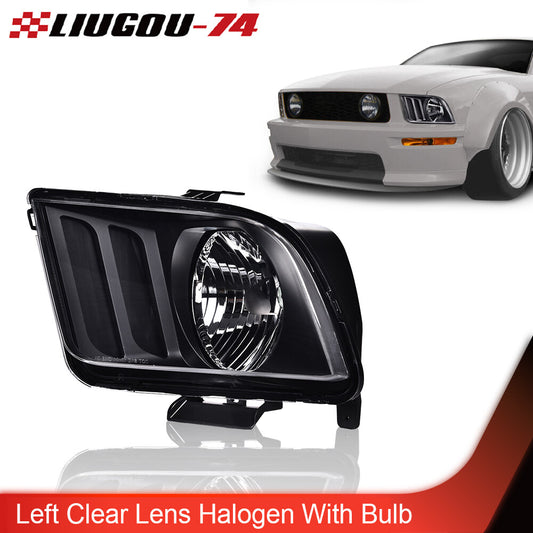 Suitable for 05-09 for Ford for Mustang left headlight with transparent lens, black housing, and bulb.