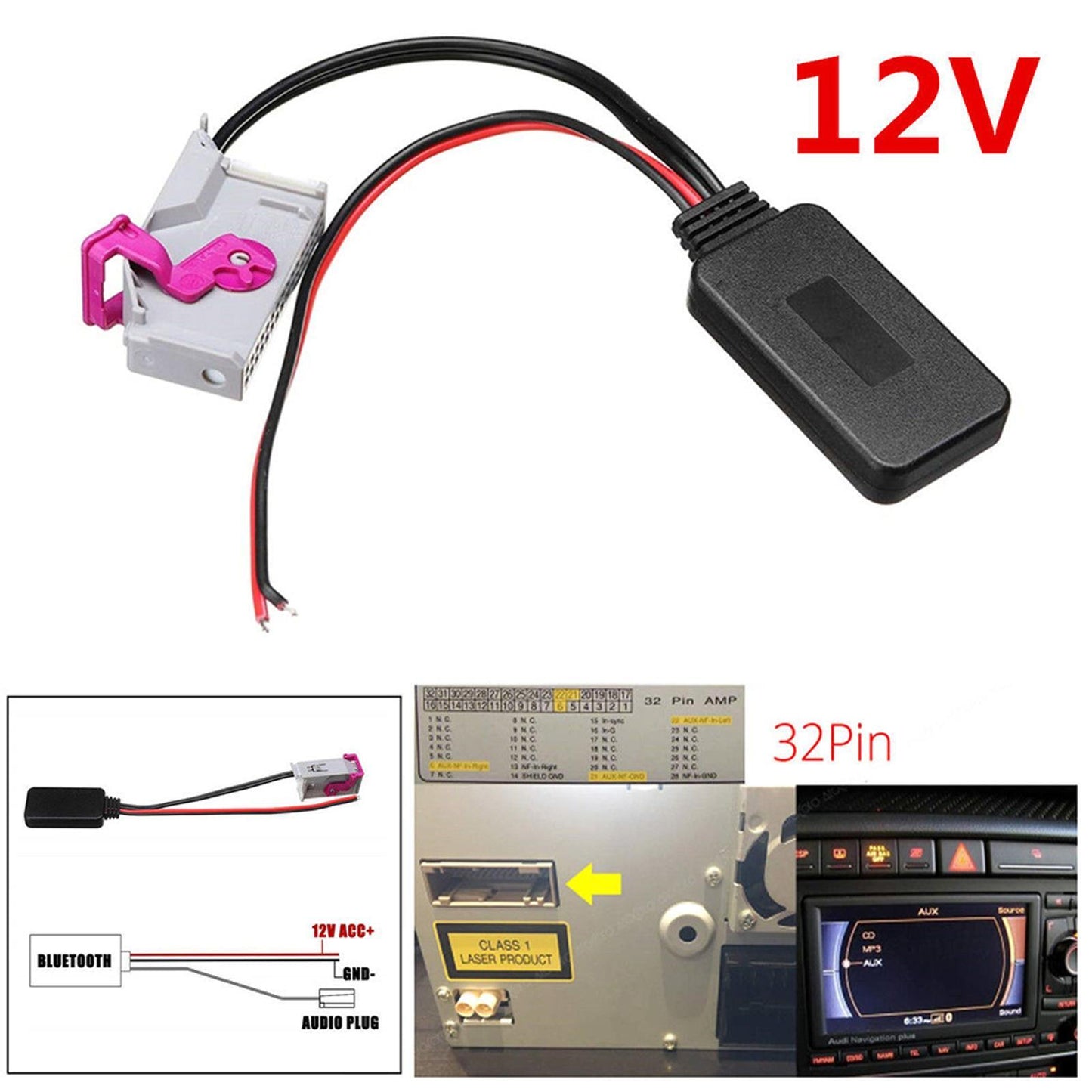 12V 32-Pin Bluetooth 4.0 Adapter Cable for Audi A3 A4 A6 for A8 TT R8 RNS-E