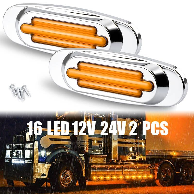 2x 16-LED Yellow Truck Trailer Side Marker Turn Signal Tail Light Chrome 12V 24V