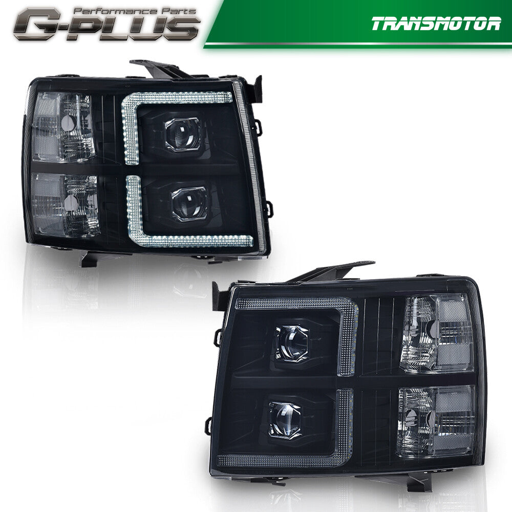 Suitable for 2007-2014 for Chevrolet Silverado headlights with black housing and smoked lens.