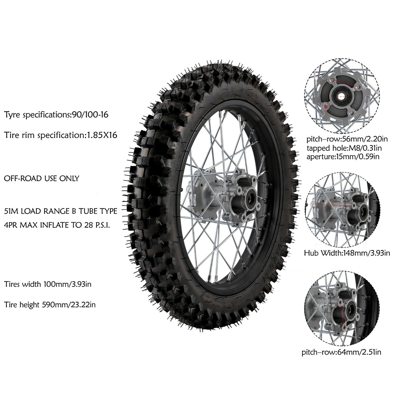 16-inch rear wheel, 90/100-16 tire, rim assembly, disc sprocket for Pit Dirt bicycles CRF