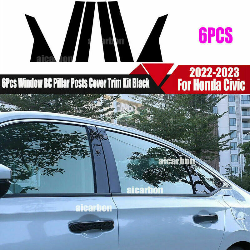 6P Black PC Car Window BC Pillar Post Panel Trims for Honda for Civic 11th 2022-2023