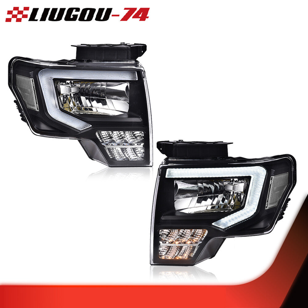 LED tube DRL projector headlight, black, suitable for 2009-2014 for Ford F150.