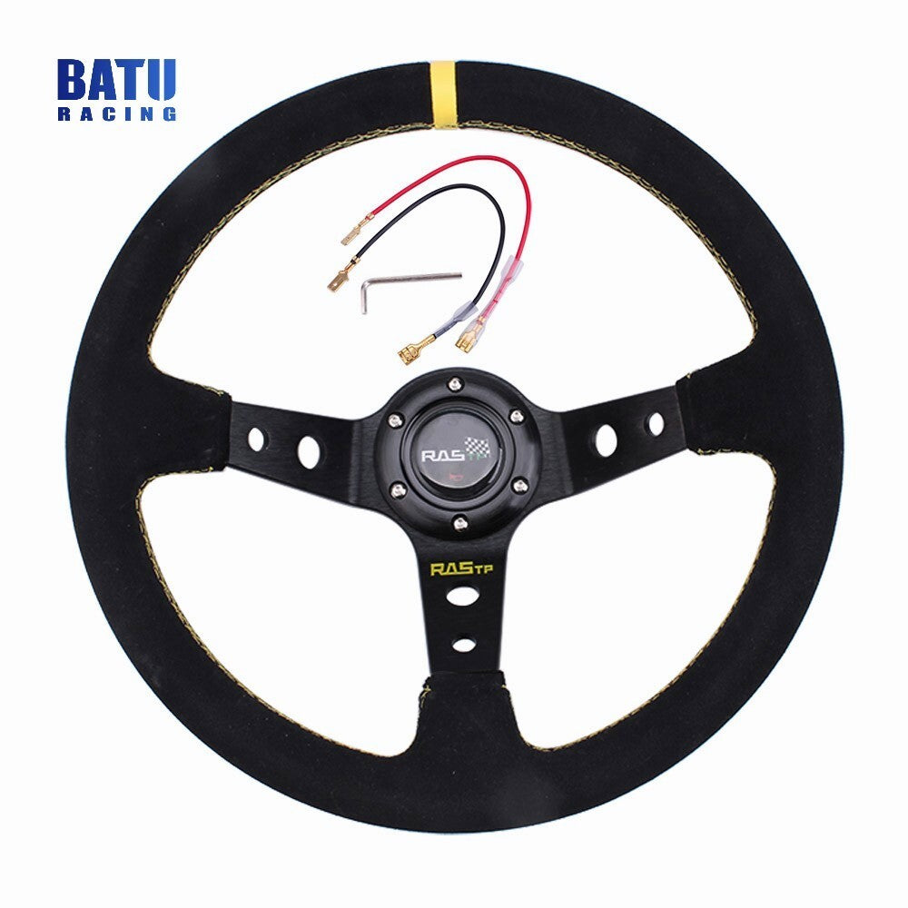 350mm Suede Deep Dish 6 Bolt for JDM Sport Racing Steering Wheel +Horn Button