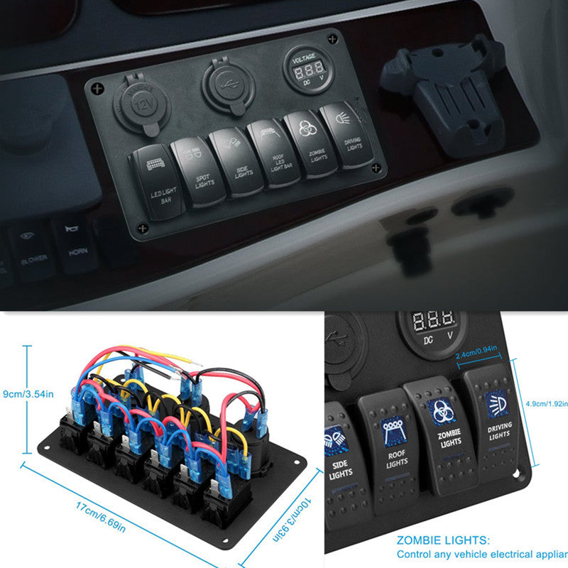 12V Car 6Gang Rocker Switch Panel with Digital Voltmeter USB Charger Adapter LED