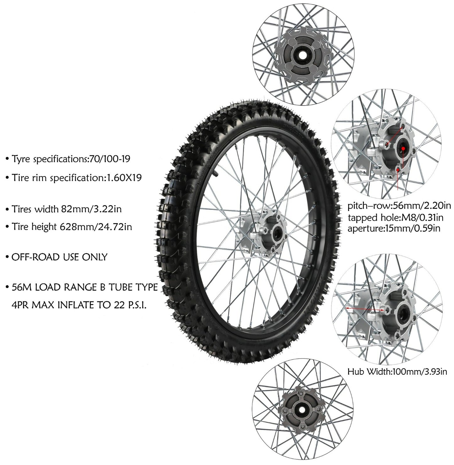 15mm 19-inch front wheel 70/100-19 rim assembly for 150cc and 200cc Apollo Pit bicycles.