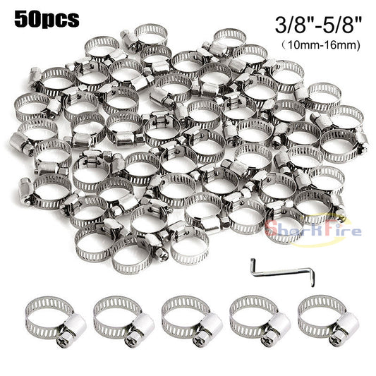 50-pack 304ss hose clamps, 3/8 to 5/8 inch adjustable steel strap worm clamps, universal, new.