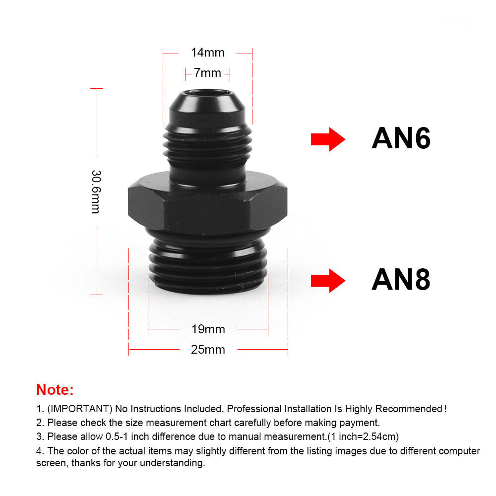 2Pcs ORB 8AN to 6AN Flare Male Fuel Rail Adapter Fitting Black Aluminum
