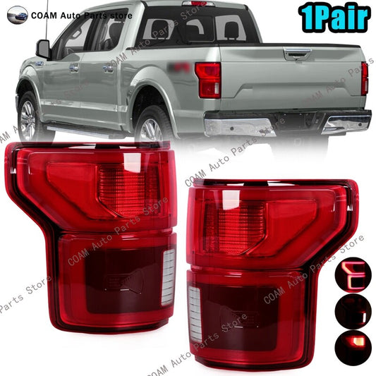 A pair of LED taillights with turn signals and blind spot monitoring for Ford F-150 (2018-2020).
