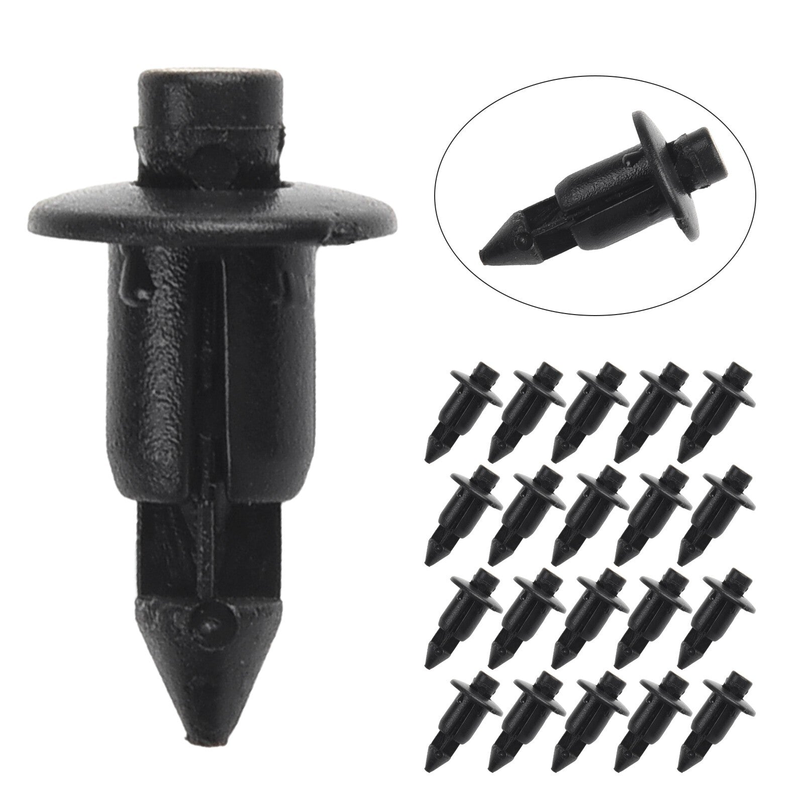 20-piece set of 6mm plastic rivet fastener clips for car black panel fasteners and bicycle axle trim clips.