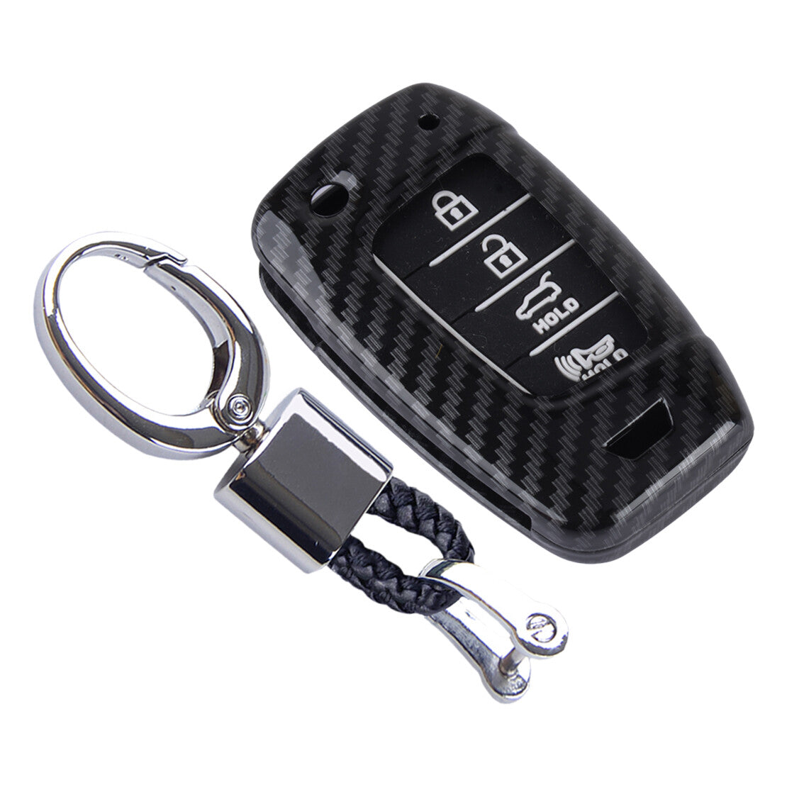 Carbon Fiber Style Key Fob Cover Case Chain Fit for Hyundai Accent 2017-2023